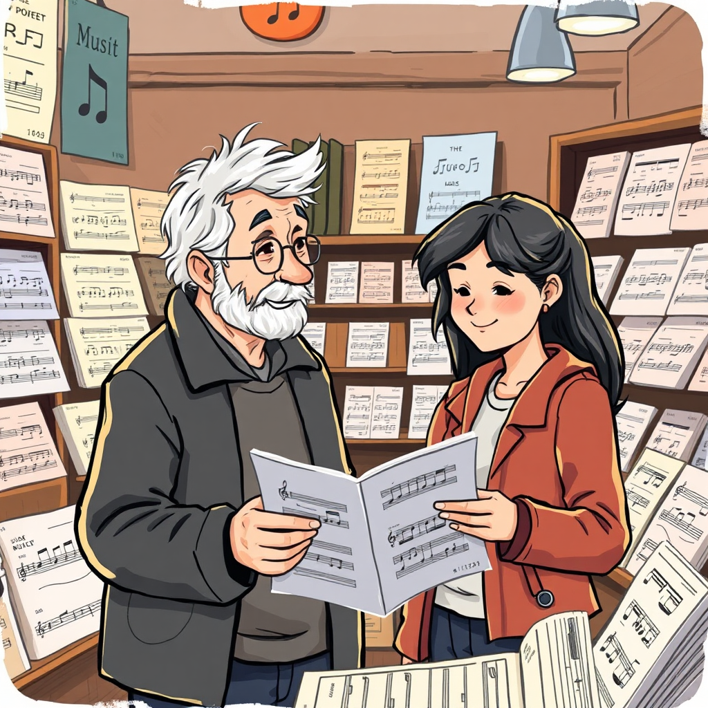 Create a stylized image of two people, one older and one younger, looking at sheet music together in a music store. The older person is pointing something out to the younger person, suggesting mentorship. The style is warm and friendly, with a slight painterly effect.