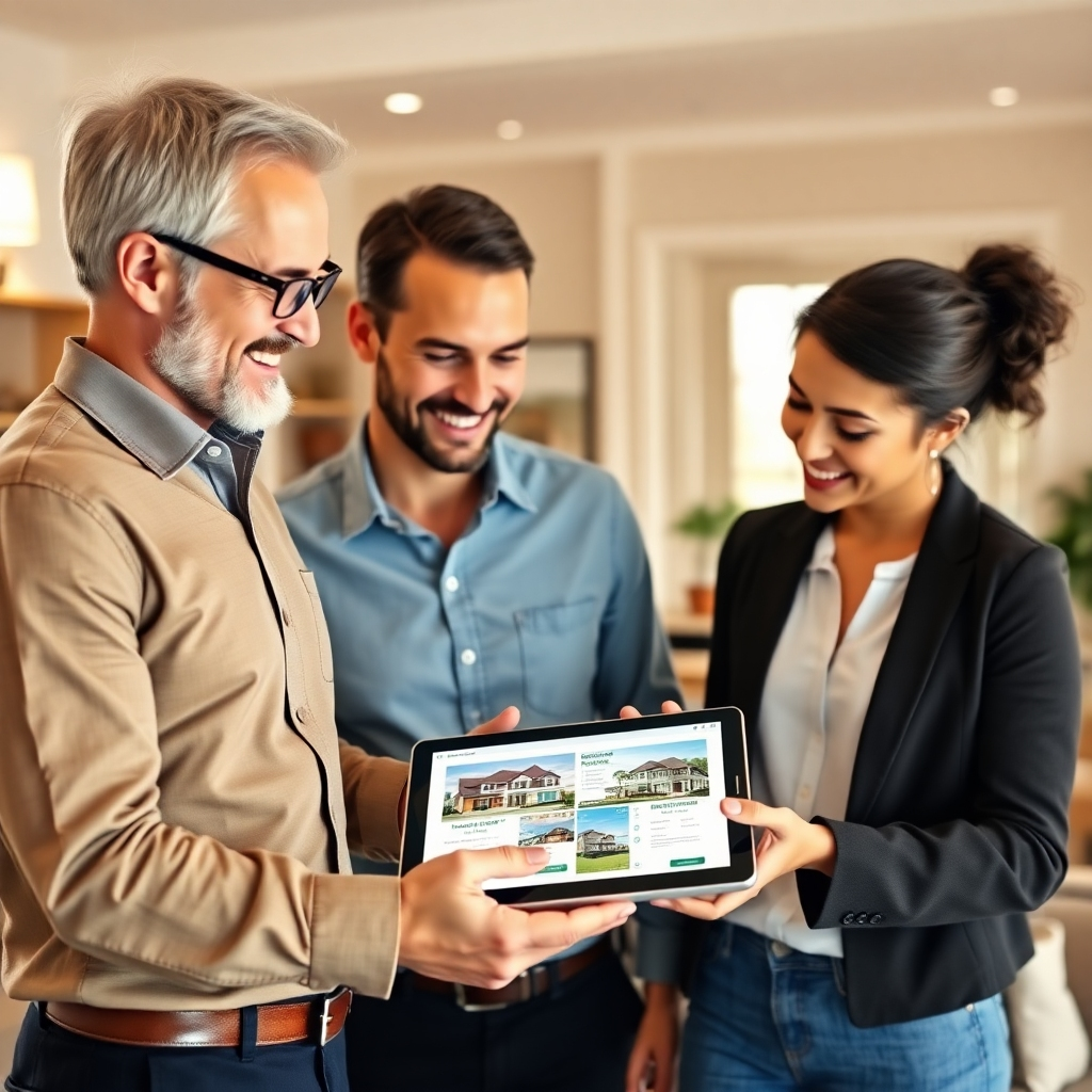Photorealistic image, 4K resolution: A friendly, knowledgeable real estate agent is interacting with a happy couple, showing them some property listings on a tablet. The setting should be a bright, modern office space or a beautiful property. The color palette should be warm and inviting, reflecting trust and professionalism. The lighting should be soft and natural. The style should reflect a modern aesthetic and a friendly atmosphere.