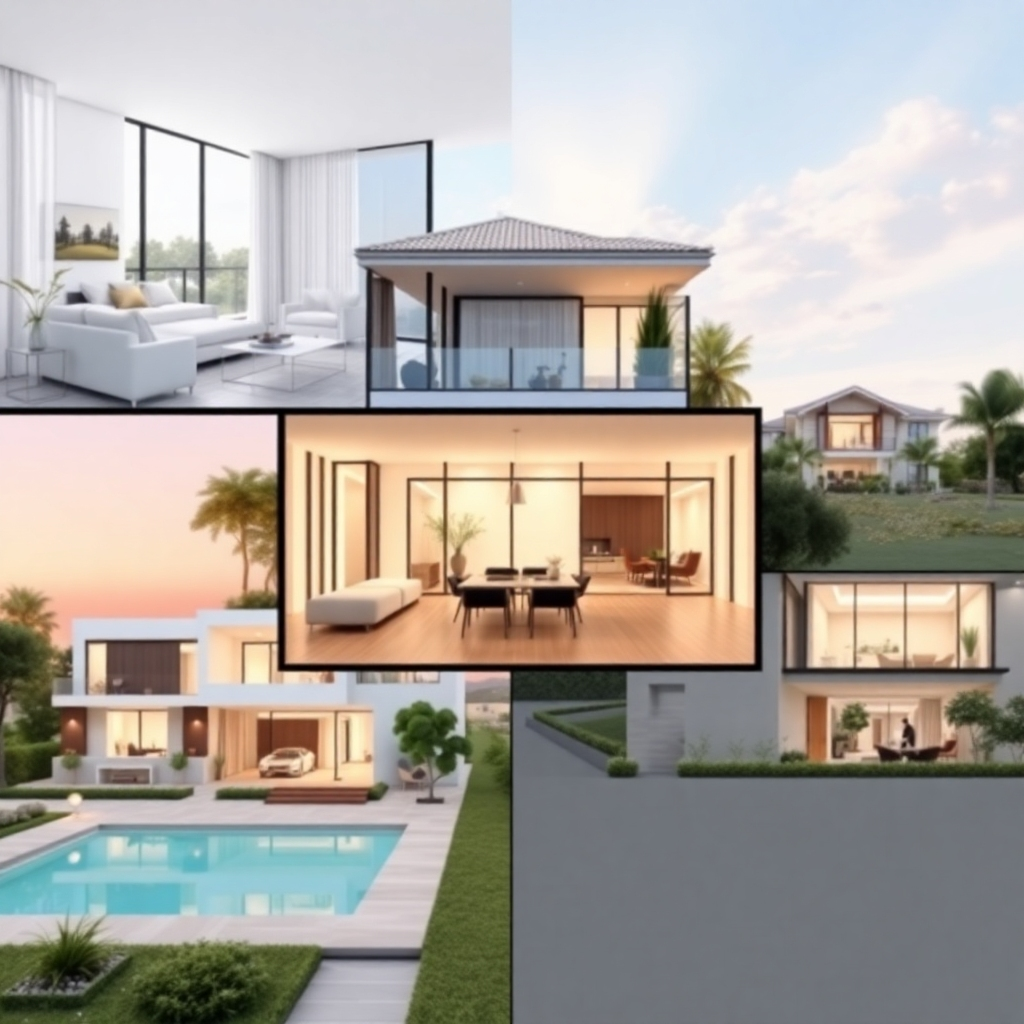 Photorealistic image, 4K resolution: Showcasing various properties in a visually appealing montage (modern apartment, suburban house, luxurious villa). The environment is bright and airy. Style references: High-end real estate photography. The color palette emphasizes natural light and fresh tones, creating a sense of spaciousness and modernity.