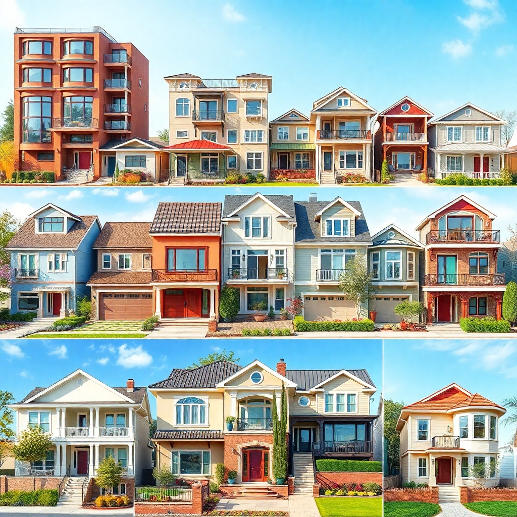 Photorealistic image, 4K resolution: A diverse collection of homes—apartments, townhouses, single-family homes, and luxury mansions—arranged in a visually appealing montage, each with a distinct architectural style and aesthetic. The color palette should be vibrant and varied, reflecting the diversity of properties. The lighting should be even and bright, creating a clear view of each property. Use a medium shot, showcasing the properties in their unique architectural context and surroundings. Style references include architectural photography magazines.