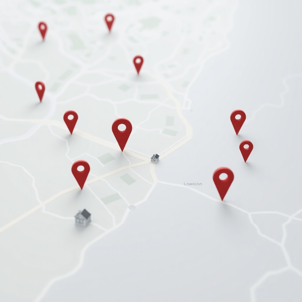 Photorealistic image, 4K resolution: A map interface with pins marking various property locations. The map is centered on a desirable location. The color palette is clean and readable, enhancing the user experience. Style references: Google Maps design. The lighting is consistent and bright.