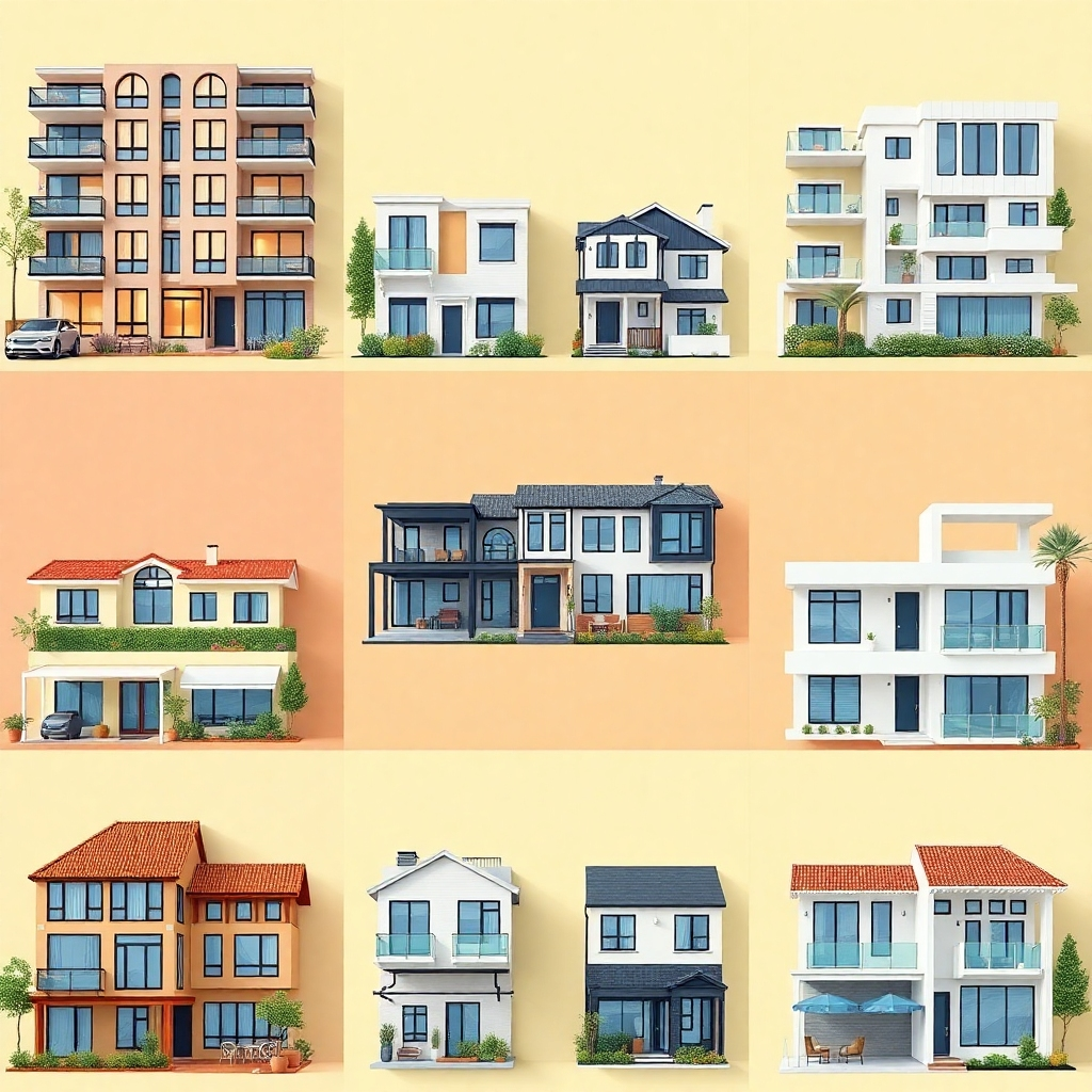 Photorealistic image, 4K resolution, showing a diverse range of properties—apartments, houses, and luxury homes—displayed in an attractive, organized manner. The color palette is bright and inviting, the lighting is natural and even, and the composition emphasizes the variety of properties available. Style references include real estate magazines and websites. The camera angle provides a comprehensive view of each listing.