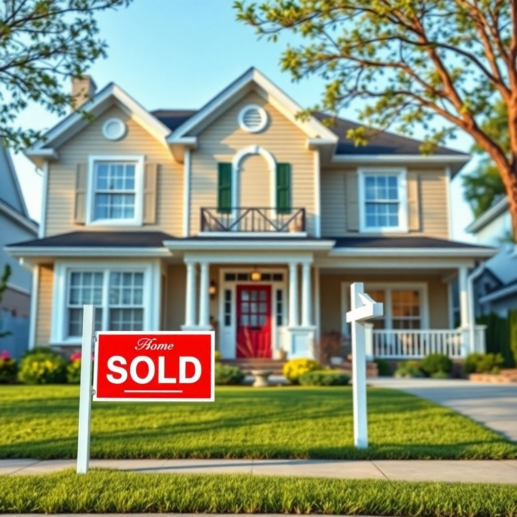 Photorealistic image, 4K resolution, showing a beautiful home with a "Sold" sign in the front yard.  The image focuses on the home's curb appeal and exterior features. The color palette is vibrant and appealing, while the lighting is natural and even. Style references include real estate photography showcasing beautiful homes. The camera angle is from the street, showcasing the whole property.