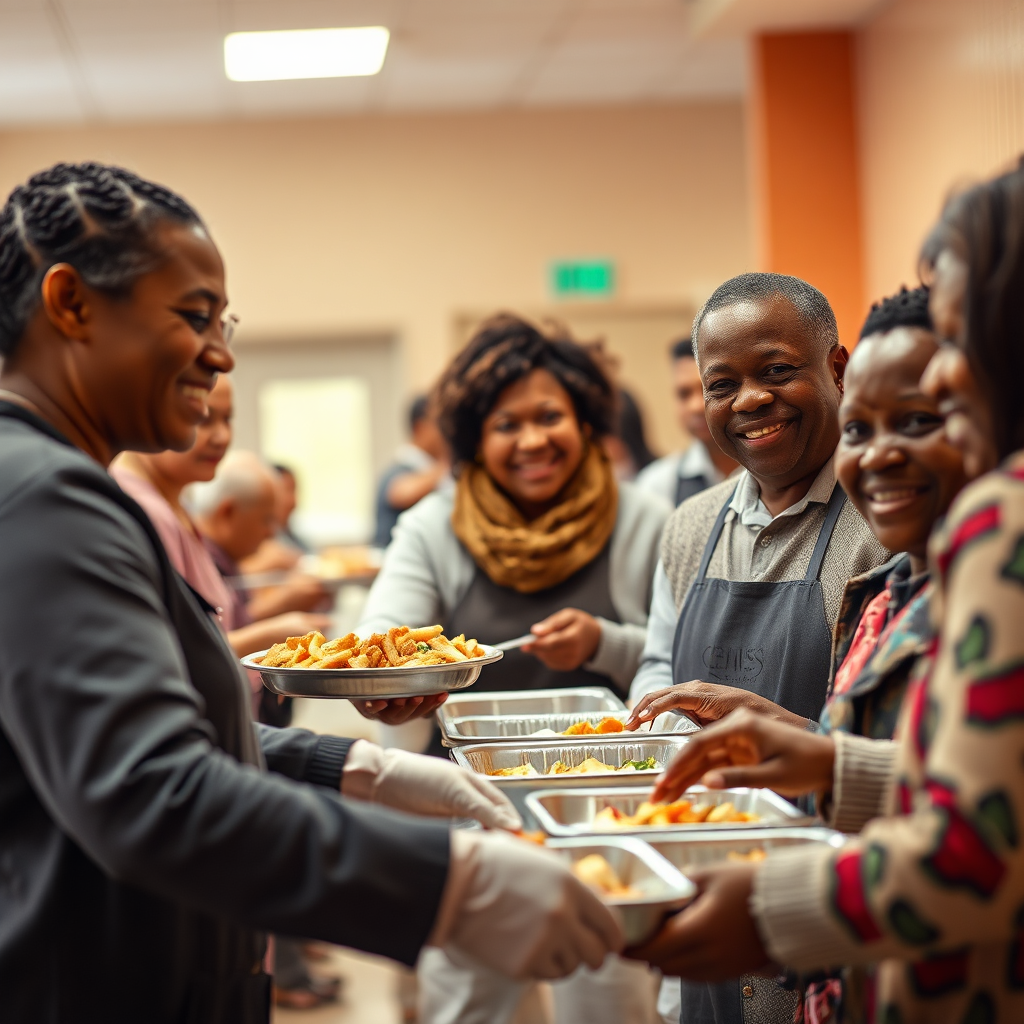 Photorealistic image depicting volunteers from 'In His Hands Ministries International' serving food to a diverse group of people in a community center. Focus on warm lighting and genuine smiles. The setting should be clean and welcoming. Use a shallow depth of field to keep the focus on the interaction between the volunteers and the recipients. The camera angle should be eye-level to create a sense of connection. Textures should be realistic, showcasing the details of clothing, food, and faces. The overall style should be documentary-like, capturing a genuine moment of compassion and service. Aim for a 4K resolution image.