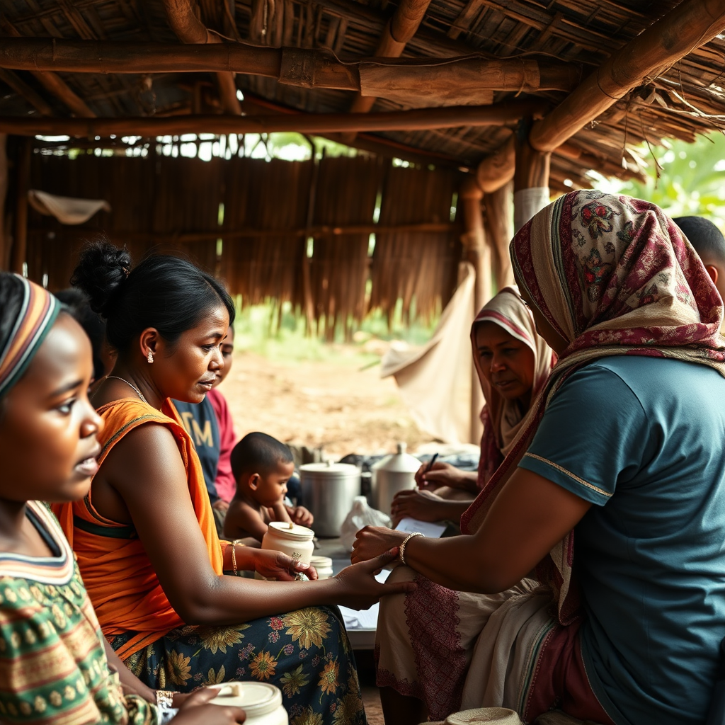 Photorealistic image depicting a team of missionaries from 'In His Hands Ministries International' working in a remote village, providing medical care, education, or other essential services. Capture the cultural diversity and the dedication of the missionaries. Focus on the impact of their work on the local community. The setting should be authentic and realistic. Aim for a 4K resolution image with vibrant colors and realistic textures.