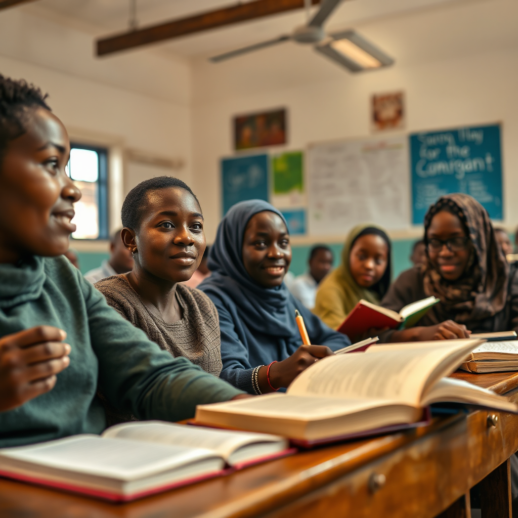 Photorealistic image depicting a classroom setting where volunteers from 'In His Hands Ministries International' are teaching adults basic literacy skills. Capture the moment of discovery and understanding in the students' eyes. The classroom should be well-lit and inviting. The camera angle should be slightly elevated to show the entire scene. Pay attention to the textures of the books, notebooks, and faces. The overall style should be optimistic and encouraging. Aim for a 4K resolution image.