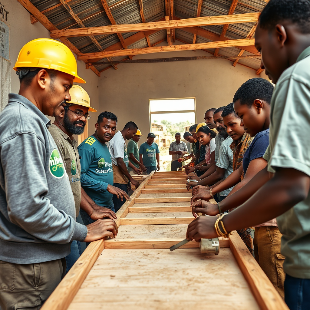 Photorealistic image showing a group of people from 'In His Hands Ministries International' working alongside members of a local church to renovate or build a community center. Focus on the collaborative spirit and the tangible impact of their work. The setting should be realistic and authentic. The camera angle should be eye-level to capture the interaction between the volunteers and the local church members. Textures should be realistic, showcasing the details of the construction materials, tools, and faces. The overall style should be documentary-like. Aim for a 4K resolution image.