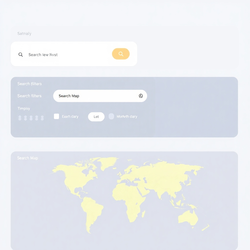 Stylized image, 4K resolution: A clean interface with search filters and an interactive map, suggesting ease of searching and browsing. The design must use clean lines, flat colors, and easy-to-understand symbols to convey ease of use. The color palette should be calming and professional, conveying trust and reliability. Style references include modern minimalist website design. The lighting should be bright and uniform.