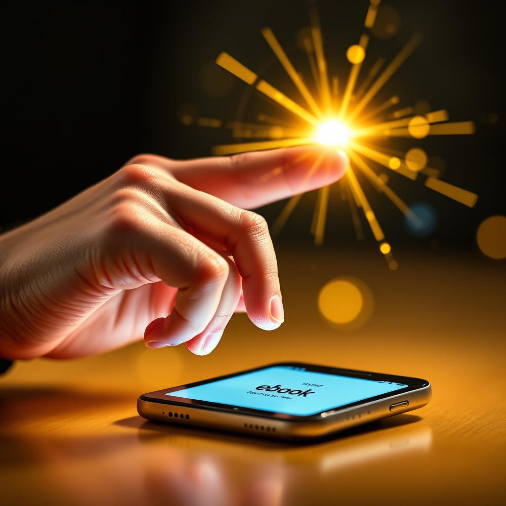 Visualize a hand tapping a screen to download an e-book with light bursting out of the screen, colors focused on yellows and light blues. Use a shallow depth of field to emphasize the hand. A smartphone device should be clearly visible. The book's title must be visible. 4K, photorealistic.