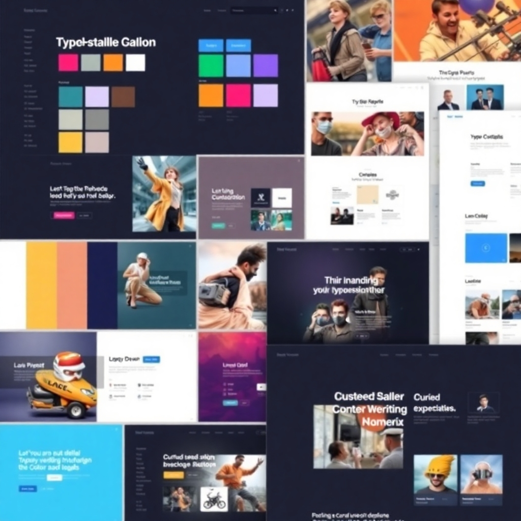 A mood board style image showing various design elements such as color palettes, typography samples, and layout mockups, representing different website design concepts. The image should be highly detailed and visually stimulating.