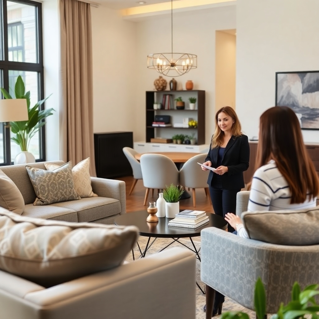 A photorealistic image depicting an interior designer meeting with a client in a stylish home setting, discussing furniture options and layout. The image should focus on a friendly and professional consultation, showcasing expertise and helping clients achieve their desired home environment.