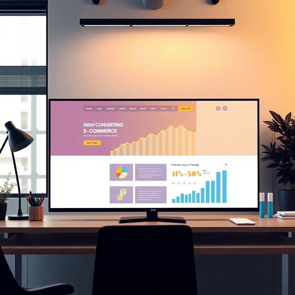 A photorealistic image depicting a high-converting e-commerce website on a large monitor, surrounded by graphs and charts showcasing increased sales and website traffic. The setting should be a modern, minimalist office space. The color palette should focus on clean lines and a professional color scheme, conveying success and growth. The image should be high-resolution, detailed and inspirational, highlighting success through strategic website design.
