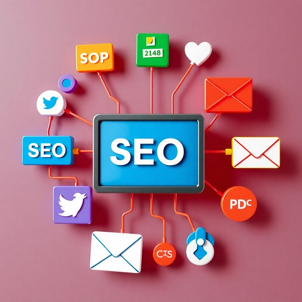 A photorealistic image depicting multiple online marketing channels such as SEO, social media, email marketing, and PPC, all working together to drive traffic and sales.