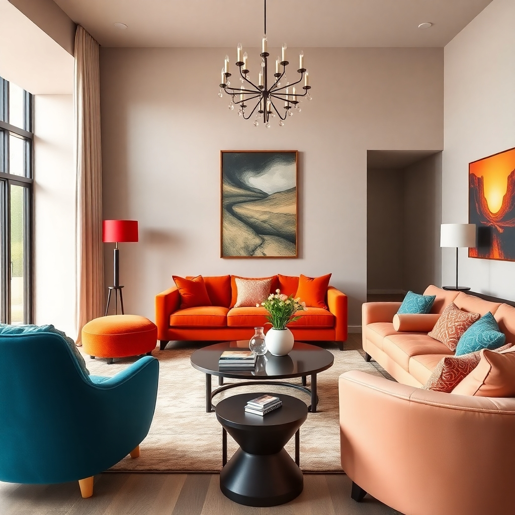 A photorealistic image of a contemporary living room, featuring furniture with bold colors, unique shapes, and luxurious materials. The room should be well-lit and stylishly decorated. The overall style should be sleek, modern, and chic.