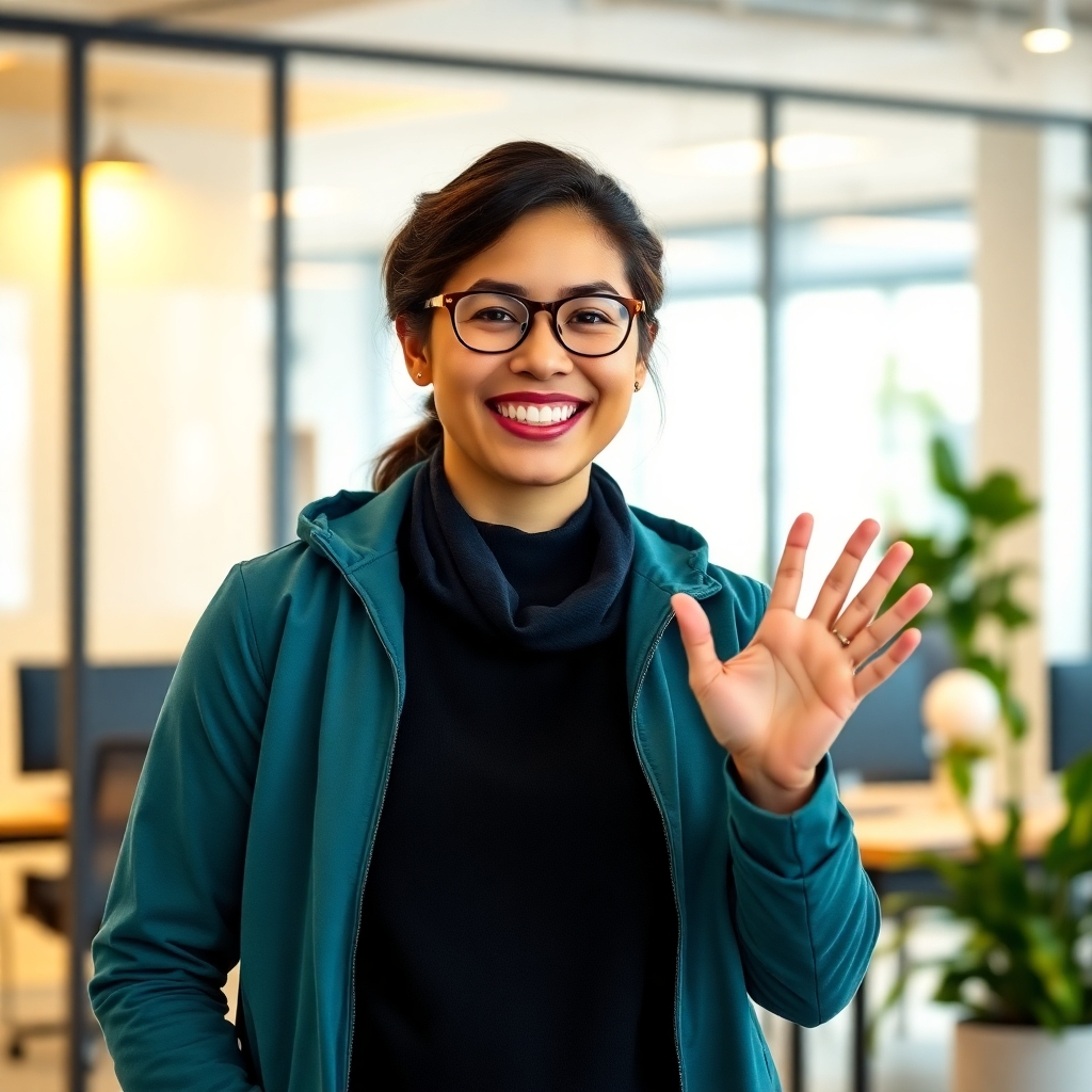A photorealistic image of a friendly team member smiling and extending a welcoming hand, set in the company's modern office environment. The color palette should be bright, warm, and inviting. The lighting should create a welcoming and positive atmosphere.