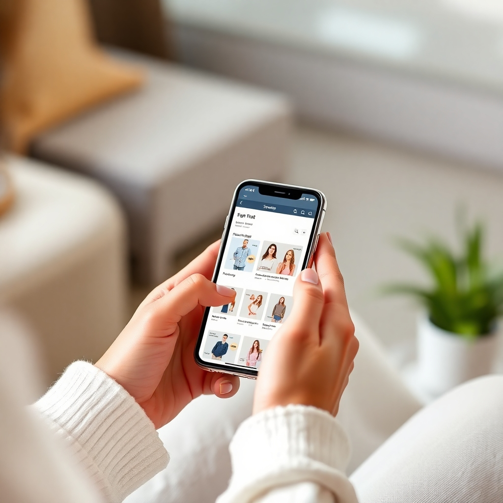 A photorealistic image of a user smoothly navigating a stylish e-commerce website on a mobile device.  The image should focus on a user-friendly interface with clear product imagery and easy checkout process. The image should emphasize the ease of use and smooth shopping experience. The color palette should be modern, friendly and professional, promoting trust and confidence.