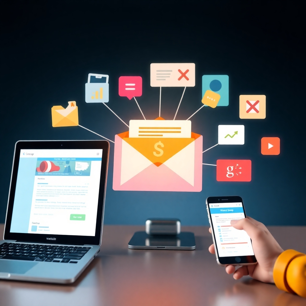 A photorealistic image showcasing a coordinated campaign across multiple digital platforms (social media, email marketing, search ads) that all drive traffic to the website. The color palette should represent the integration of different marketing channels. The image should be detailed and emphasize the synergy and coordination of these efforts.