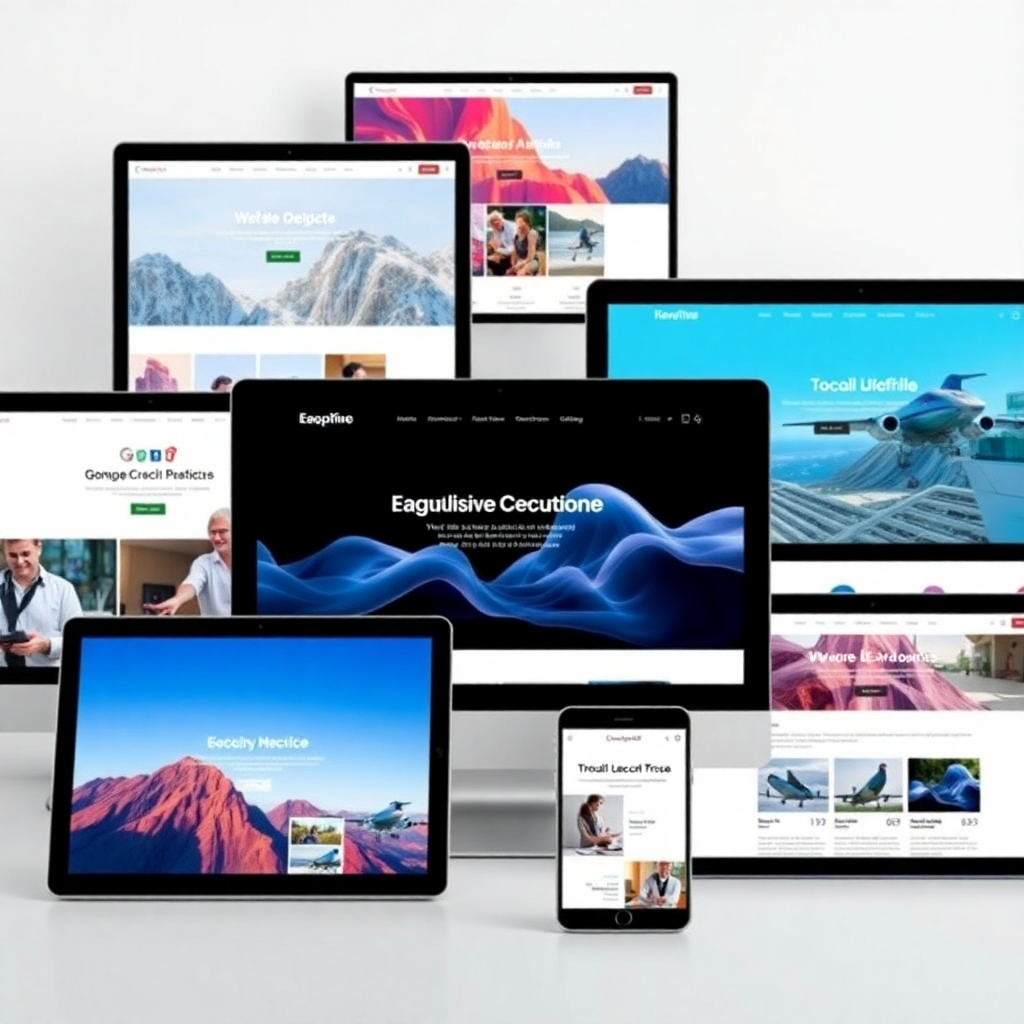A photorealistic image showcasing several diverse, beautiful website designs on various devices (desktop, tablet, mobile). The image should use a clean and modern style with a focus on high quality and resolution. The background should be a neutral, uncluttered environment. Highlighting the uniqueness and elegance of the designs should be a key priority.