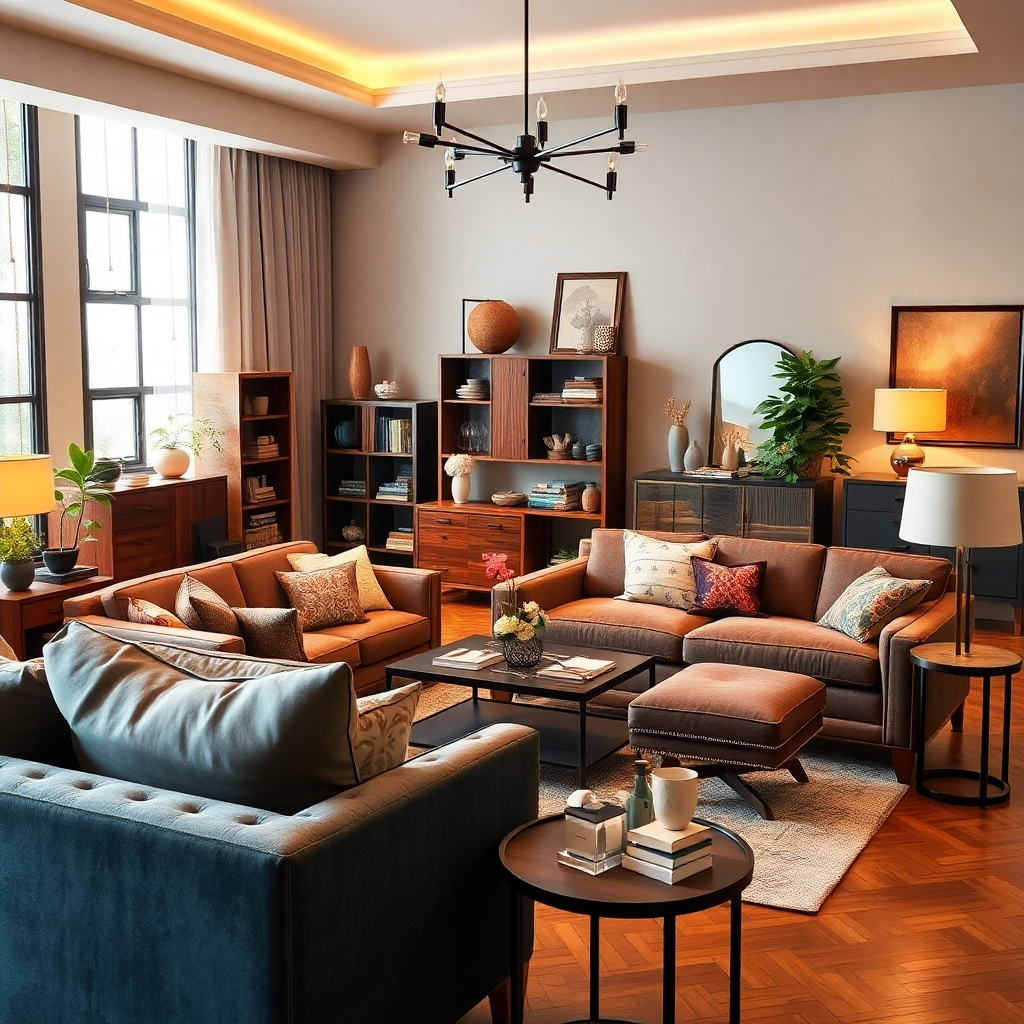 A photorealistic image showcasing a variety of high-quality furniture pieces arranged in a stylish home setting.  The focus should be on the detail, craftsmanship and quality of the furniture. The image should highlight the different textures, colors, and styles of the furniture pieces. The image should use warm lighting to create a cozy and inviting atmosphere. The overall style should be modern and elegant, reflecting the high-end quality of the furniture.