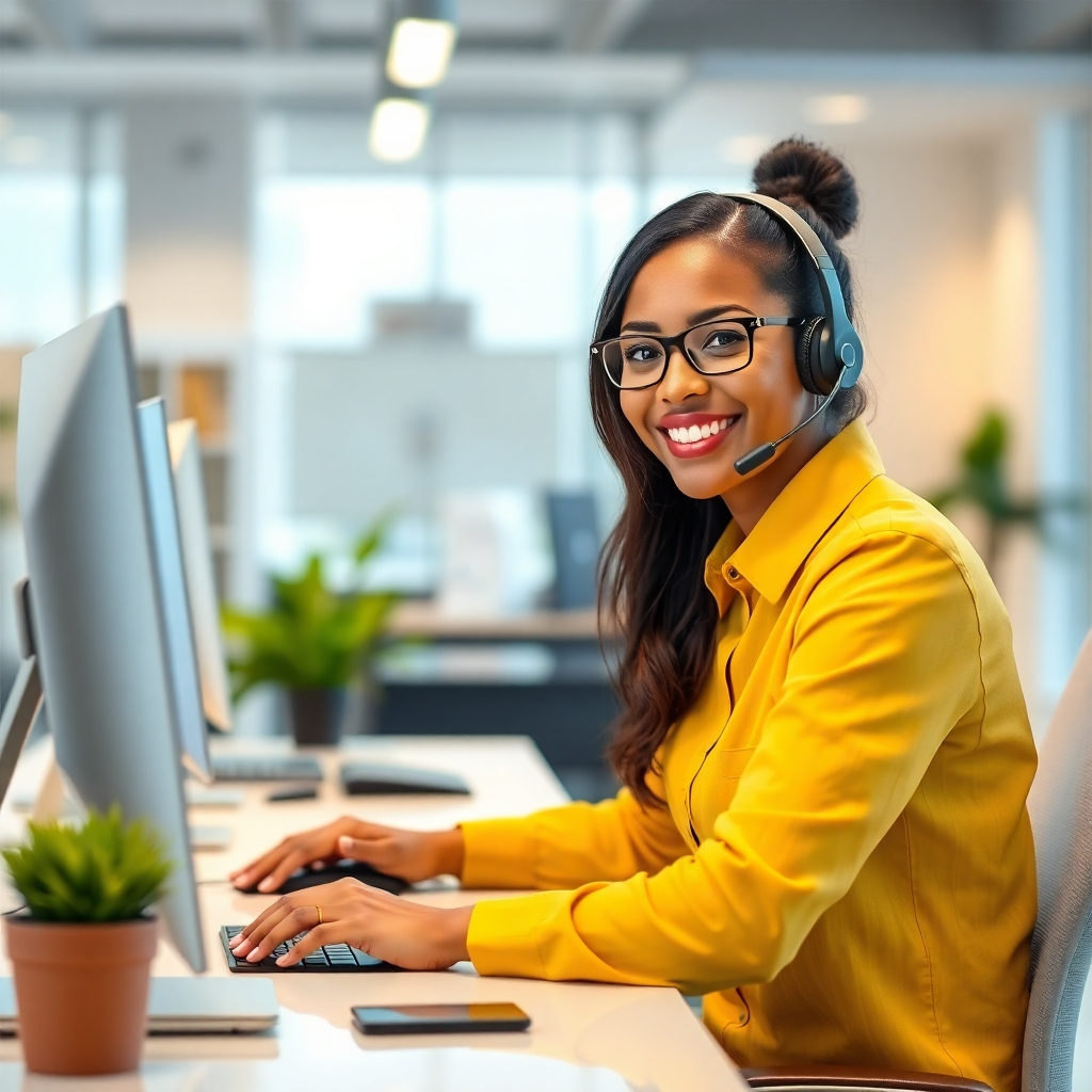 A photorealistic image showing a friendly customer service representative assisting a customer online. The image should depict a bright and modern customer service office space, communicating professional competence and helpfulness. The representative should have a warm and welcoming smile. The overall mood should be friendly and reassuring.