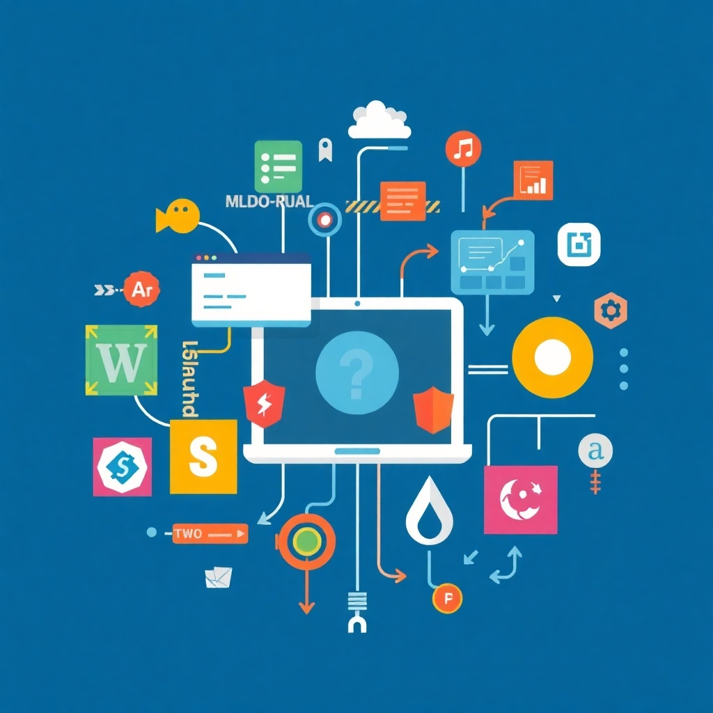A stylized image depicting various website technologies, frameworks, and programming languages. This image should symbolize the technical aspects of web development.