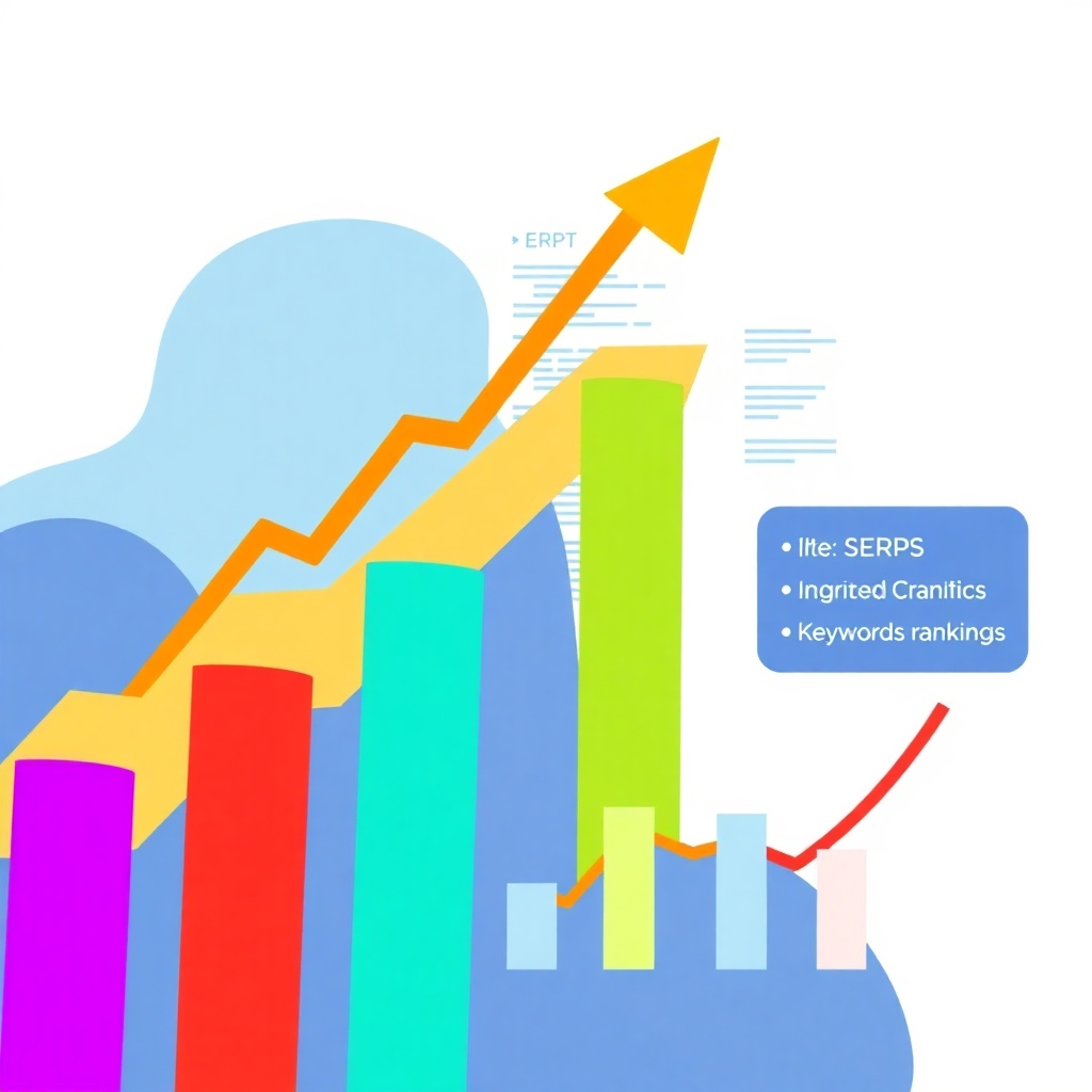 A stylized image of a website ranking highly in search engine results pages (SERPs), accompanied by data showcasing increased organic traffic and keyword rankings.  The image could be abstract, using colorful upward arrows to represent growth.  The color palette could incorporate the colors of major search engines, alongside a vibrant accent color representing success.