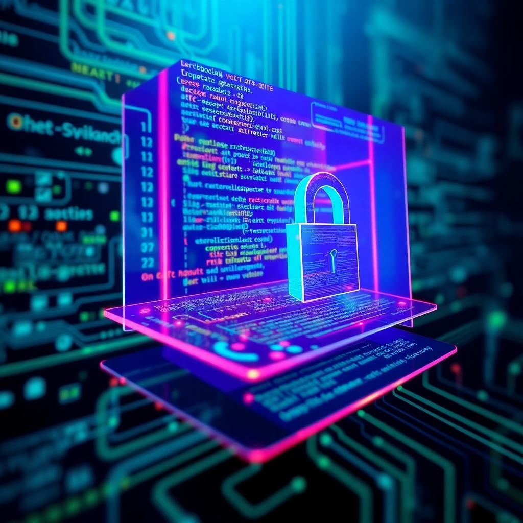 An abstract image visualizing the intricate layers of code and technology that underpin a robust, secure website.  Use a futuristic, technology-inspired style with vibrant colors and clean lines. The color palette could be dark, sophisticated blues and greens, hinting at advanced technology and security.
