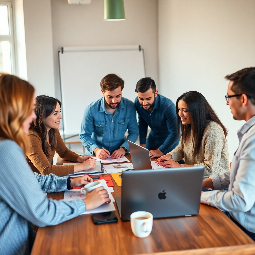 An image featuring a diverse team of designers collaborating with a client, brainstorming around a table with design mockups, laptops, and coffee. The setting should be a bright, creative space emphasizing a professional collaborative environment. The image should have a slightly warm, inviting color palette, focused on soft lighting and natural tones. It should be high-resolution and convey the collaborative aspect of our design process.