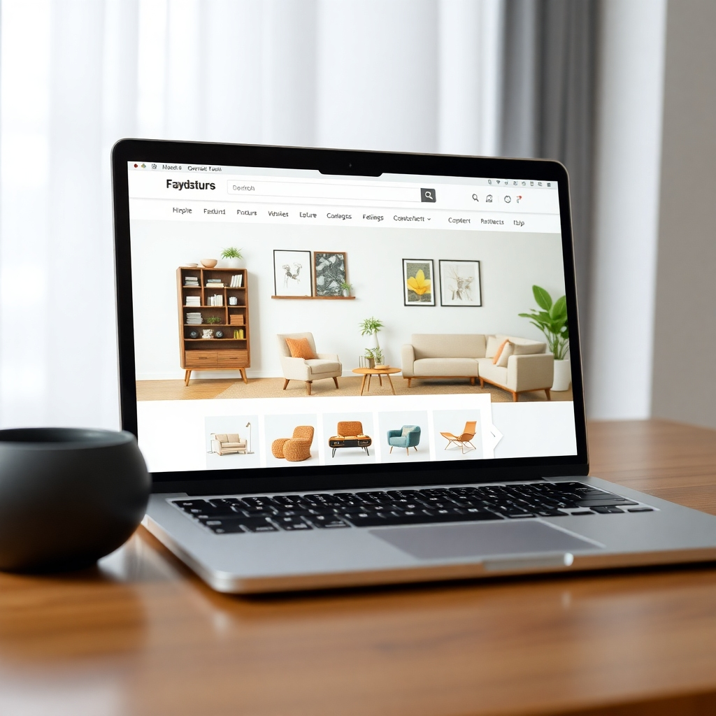 A stylized image showing a user-friendly interface on a tablet or laptop, showcasing the website's online store. The image should be bright, clean and easy to understand.  The overall image should communicate ease of use and stress-free shopping experience. The color scheme should be clean and modern. The background should feature hints of furniture products from the store.