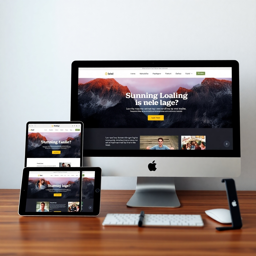 A photorealistic image depicting a stunning website design on various screens, a desktop, mobile and tablet,  displaying top-quality images, and clean code. The website's visual appeal is a focus. The style should focus on showing great-looking websites. The 4K image uses high-quality imagery, elegant typography, and clean design layout. The color palette is professional and tasteful. The image uses well-balanced lighting, making the details of the website easy to see.