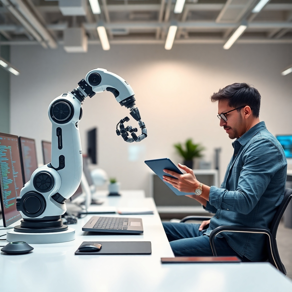  A photorealistic image depicting a robotic arm skillfully building a website using various tools and code, while a human designer sits nearby with a tablet, overseeing and adding creative input. The background is a modern, well-lit workspace with other digital interfaces around the scene. The color palette should be a mix of technological greys, blues, and bright accents suggesting creativity and human involvement. The scene uses realistic lighting, with attention to detail on the robotic arm and other elements. The style should feel very high-tech, advanced, and productive, like a picture from a high-end tech magazine. The image should be 4K resolution and have a professional, clean look and feel.