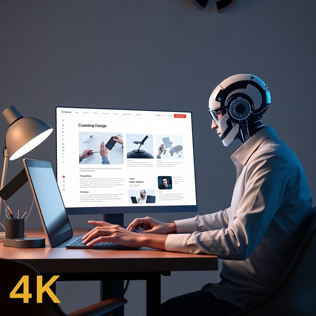 A photorealistic image of a modern, responsive website design in progress. The scene depicts a designer and AI working together. The style is clean, modern, and professional, like an image from a digital design portfolio. The 4K image should have realistic lighting and textures, focusing on the design details. The color palette is professional and sophisticated.