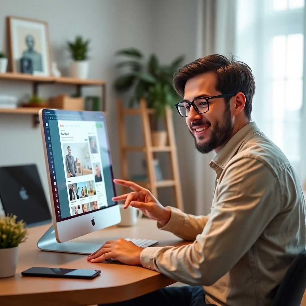 A photorealistic image of a person easily using a user-friendly interface to design a website. The interface shows drag-and-drop functionality and intuitive controls. The background setting is a modern home office with a calming atmosphere. The color palette should be light, positive, and inviting. The image uses soft lighting, focusing on the usability of the interface. The style should showcase intuitive and easy design. The high-quality image should have 4K resolution, demonstrating its professional appeal.