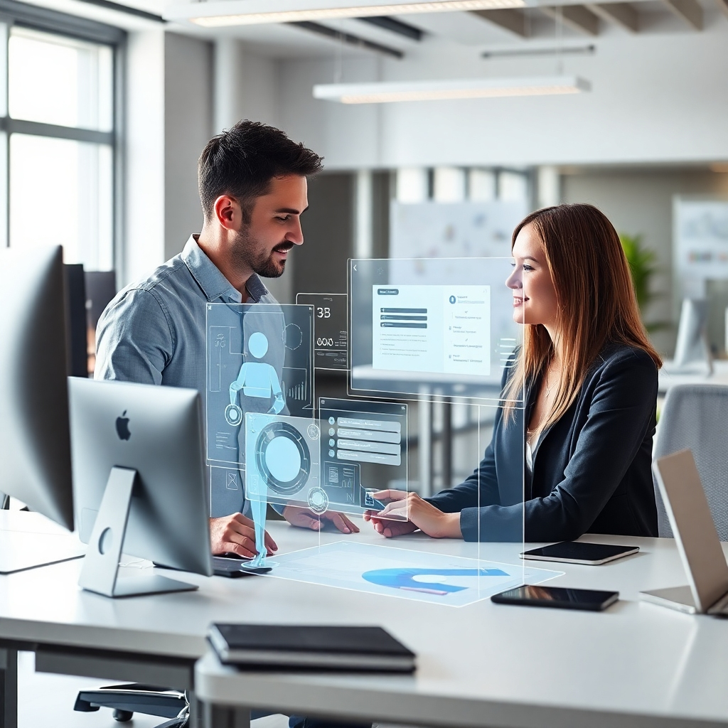 A photorealistic image showing a human designer working collaboratively with an AI assistant on a website design project, with both working side-by-side. The AI assistant is represented by a stylized interface or hologram overlaying a physical workspace, enhancing collaboration.  The scene should evoke a partnership between the human creative process and technological efficiency.  The scene is well-lit, showing detail in the workspace and highlighting the dynamic between human and AI. The style references clean, modern office environments with advanced technology integrated. The image should be 4K resolution and high quality.