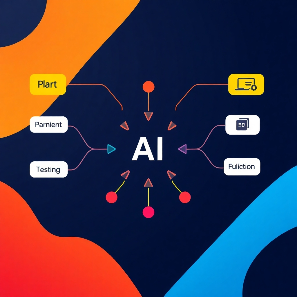 A stylized, abstract representation of a streamlined workflow.  Use lines and shapes to demonstrate how AI simplifies the complexity of web design.  The AI could be shown as a central processing unit, with arrows flowing smoothly to various design phases (planning, creation, testing, publication).  The color palette should be vibrant and organized.  The 4K high-quality image should use bold colors and strong lines to convey a sense of efficiency and organized workflow. The style is sleek and minimalist, conveying speed and order. The lighting is consistent and uniform, providing a clear view of the workflow phases.