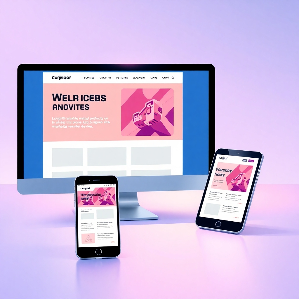  A stylized illustration of a website adapting across different devices: computer, tablet, phone. The website content transforms perfectly onto each screen size, maintaining its sleek design and content. A smooth animation, like a screen-to-screen transfer effect, suggests easy responsiveness. The color palette should be clean and modern. The image should be visually clear to easily convey the concept of responsive design. The 4K high-quality image should use vivid colors and a futuristic visual language. The scene is lit with soft ambient lighting, providing clarity and focus on the adaptability of the website.