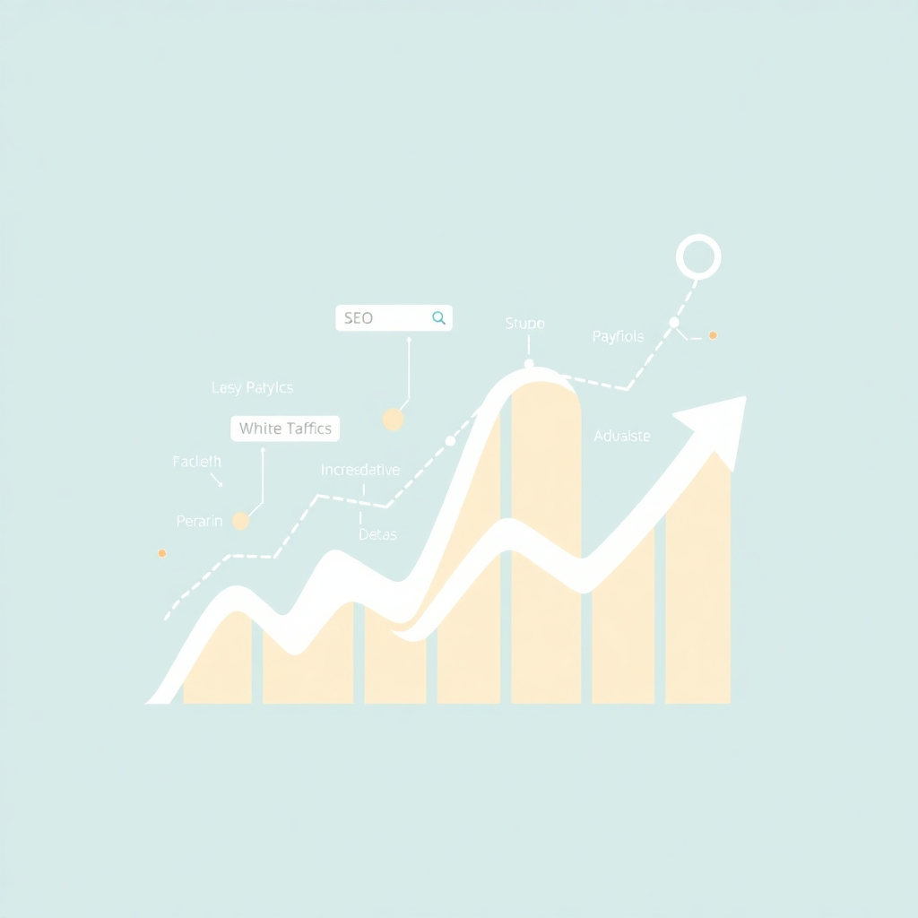 A stylized image depicting a graph trending upwards, symbolizing increased website traffic. The graph is integrated with keywords and search engine elements, clearly illustrating the impact of SEO on a website’s visibility. The 4K image uses dynamic lines and clean colors to communicate this effectively. The background uses a neutral color palette, keeping the focus on the upward trend of the graph.
