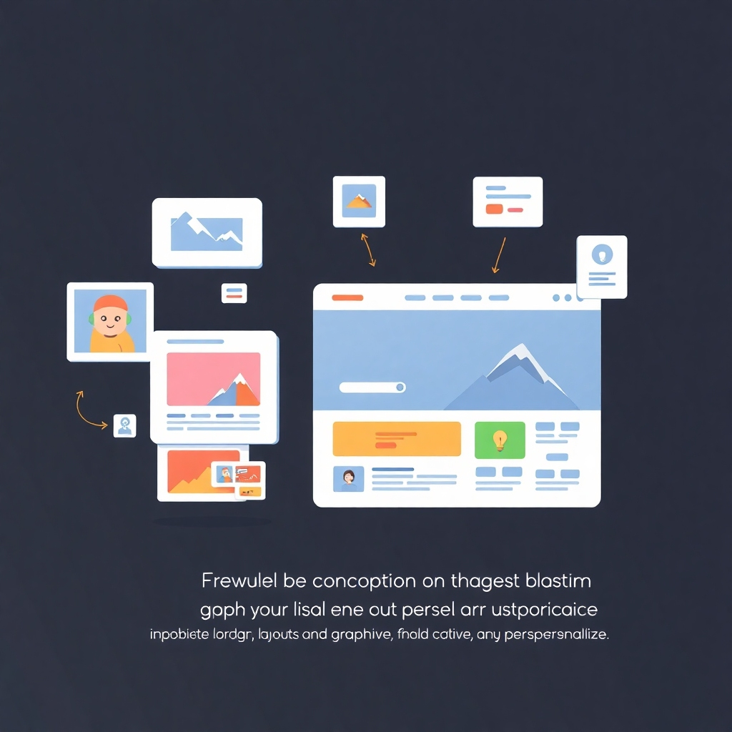 A stylized image of a website's building blocks, such as images, text, and graphics transforming into a custom design, representing a sophisticated personalization process.  The style should be modern, clean, and creative, using geometric shapes and clean lines.  The color palette reflects a sense of professionalism and customization.  The 4K image should look sleek and modern, and show customization features like changing colors, layouts, and graphics easily. The image should feel creative, and easy to personalize.