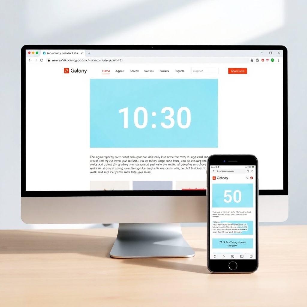  A photorealistic image of a digital clock counting down rapidly, superimposed over a time-lapse of the construction of a modern website. The clock symbolizes saved time and efficiency, while the website build showcases the impact. The background is a clean, minimalist office setting. The style should be energetic and visually stimulating. The color palette should include shades of green representing progress, blue representing technology, and yellow representing efficiency. The scene should convey a sense of speed and effectiveness, showcasing how quickly AI can build websites. The high-quality image should have a 4K resolution and attention to realistic lighting and textures.