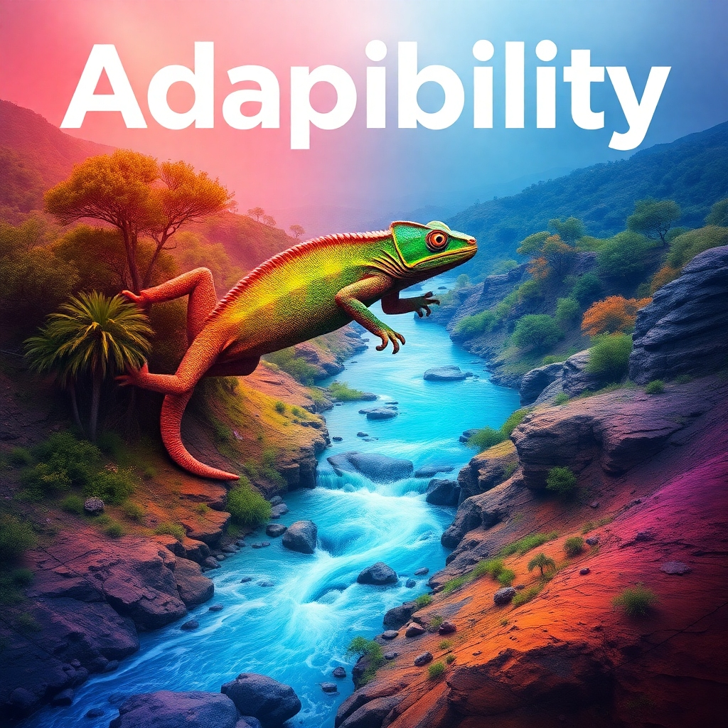 A conceptual image representing adaptability. Perhaps a chameleon changing colors to blend in with its environment, or a flowing river adapting to the terrain. The color palette is diverse and dynamic. This image should evoke a sense of flexibility and resourcefulness. Technical Specs: 4K, vibrant colors.