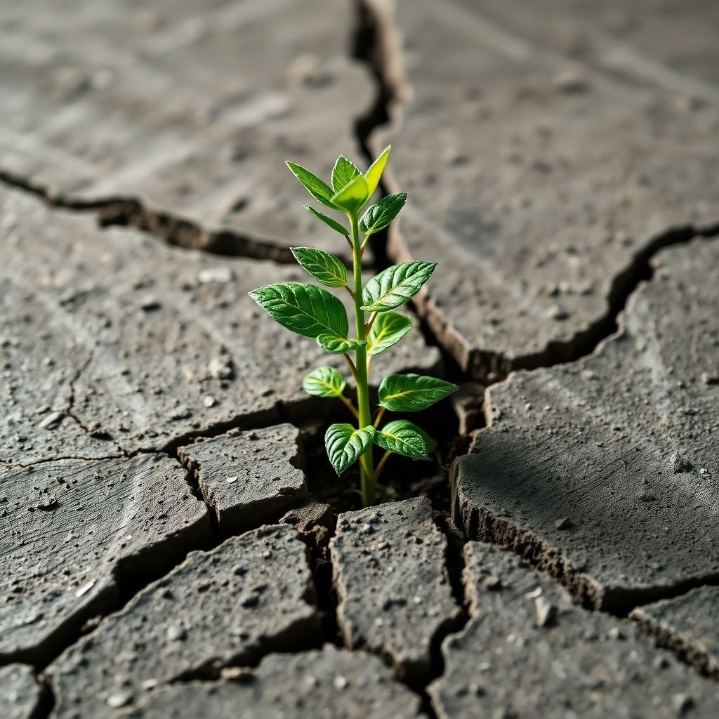 A powerful image of a resilient plant pushing through cracked concrete. The plant is vibrant and strong, symbolizing the ability to overcome obstacles. The cracked concrete represents the challenges and hardships of life. The lighting emphasizes the contrast between the plant's vitality and the harshness of the environment. This image evokes a sense of perseverance and strength. Technical Specs: 4K, high contrast.