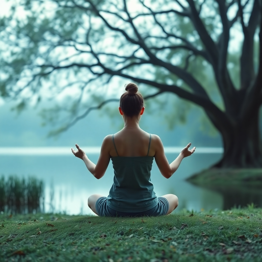 A serene image of a person meditating in a peaceful natural setting, perhaps near a calm lake or under a large tree. Soft, diffused lighting enhances the feeling of tranquility. The person's posture is relaxed and centered. The color palette emphasizes calming blues and greens. This image represents emotional balance and inner peace. Technical Specs: 4K, soft focus.