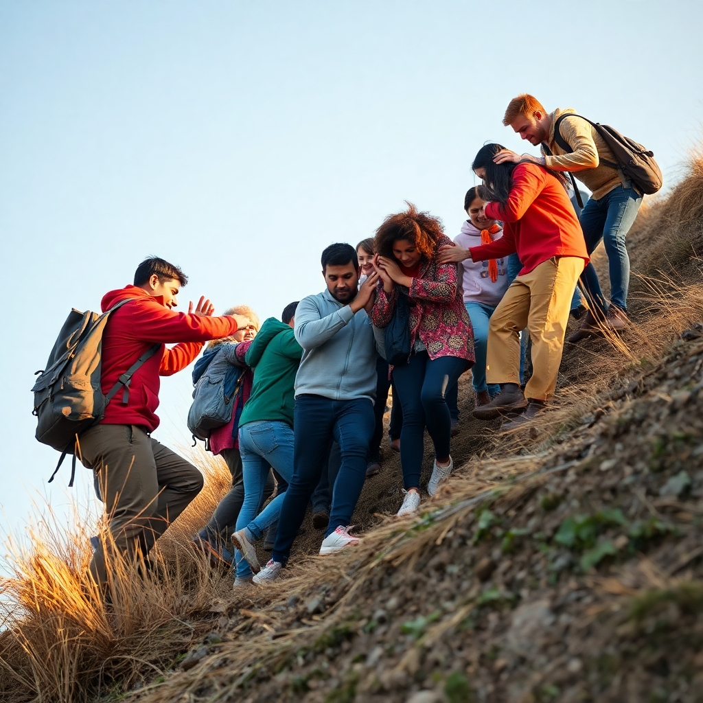 An image depicting a group of diverse people supporting each other as they climb a steep hill. They are working together, helping each other overcome obstacles. The lighting is warm and encouraging. This image evokes a sense of community and support. Technical Specs: 4K, warm tones.