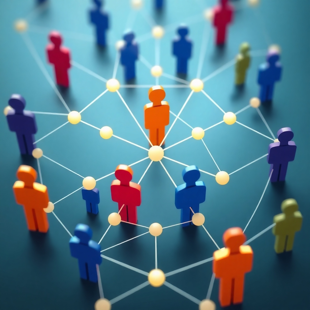 An image depicting a network of interconnected people, symbolizing a supportive community and collaboration. Technical Specs: 4K, interconnected design.