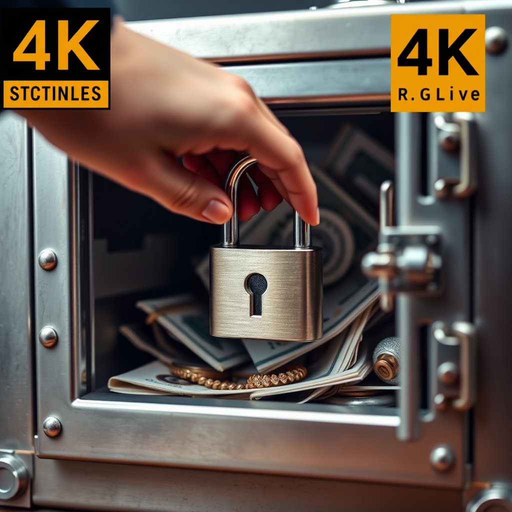 Crie uma imagem em resolução 4K de um cofre com cadeado. O cofre está cheio de dinheiro, joias e documentos importantes. Uma mão se estende em direção ao cofre, mas está travada pela trava. Use uma paleta de núcleos metálicos para transmitir uma sensação de segurança e proteção. O ângulo da câmera é de close-up, com foco no cofre e no cadeado. Esta imagem simboliza a proteção de seus bens contra exploração.