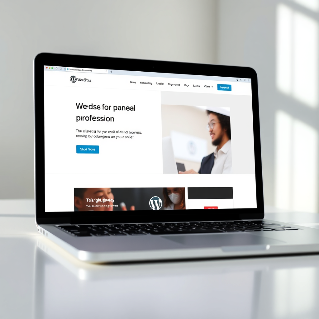 A clean and modern image of a laptop screen displaying a visually appealing WordPress website. The website is designed for business purposes, featuring a clear call to action and professional branding. The WordPress logo is subtly incorporated into the design. The lighting is bright and inviting, showcasing the ease and accessibility of the platform. The overall style conveys simplicity, professionalism, and the power of WordPress for online business.