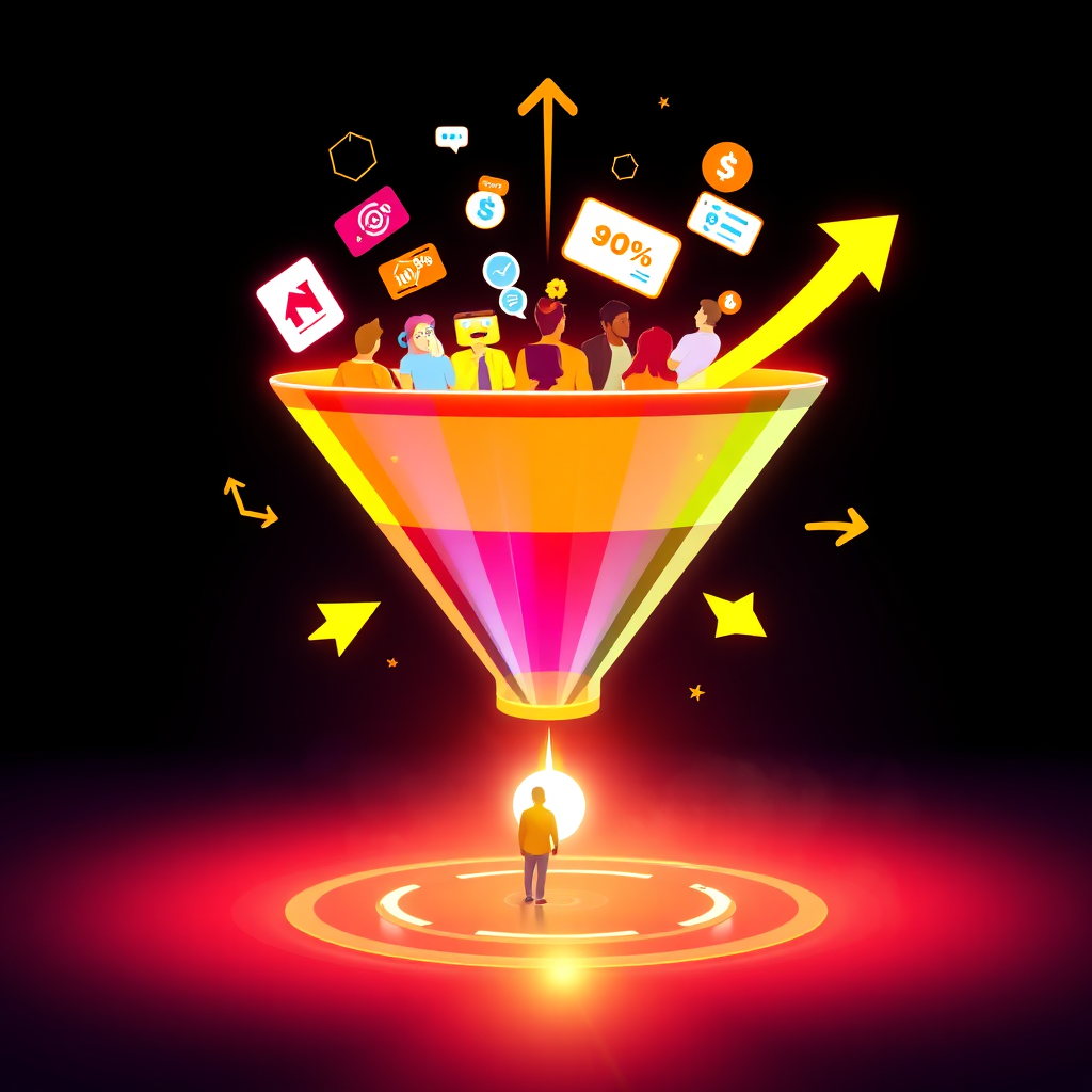 A dynamic image of a digital funnel transforming website visitors into paying customers. The funnel is brightly colored and visually engaging, representing the various stages of the marketing process. Arrows and icons symbolize the flow of traffic and conversions. The lighting is vibrant and energetic, conveying the effectiveness of digital marketing strategies. The overall style conveys efficiency, growth, and the power of digital marketing to drive online business success.