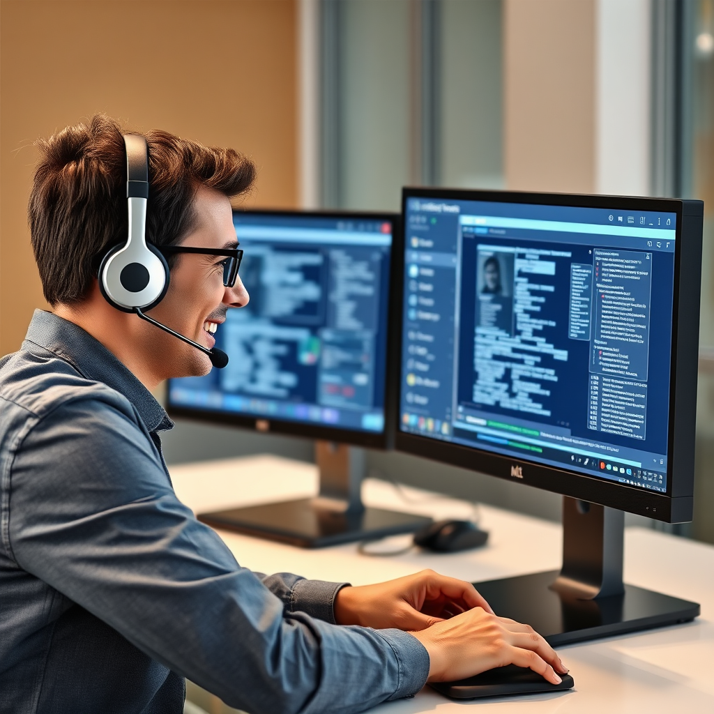 A photorealistic image depicting a support team member wearing a headset and assisting an entrepreneur via live chat. The support member is smiling, indicating helpfulness. The entrepreneur's screen displays a complex technical interface, but the support member is clearly guiding them through it. The overall scene exudes reliability, quick problem-solving, and around-the-clock assistance.