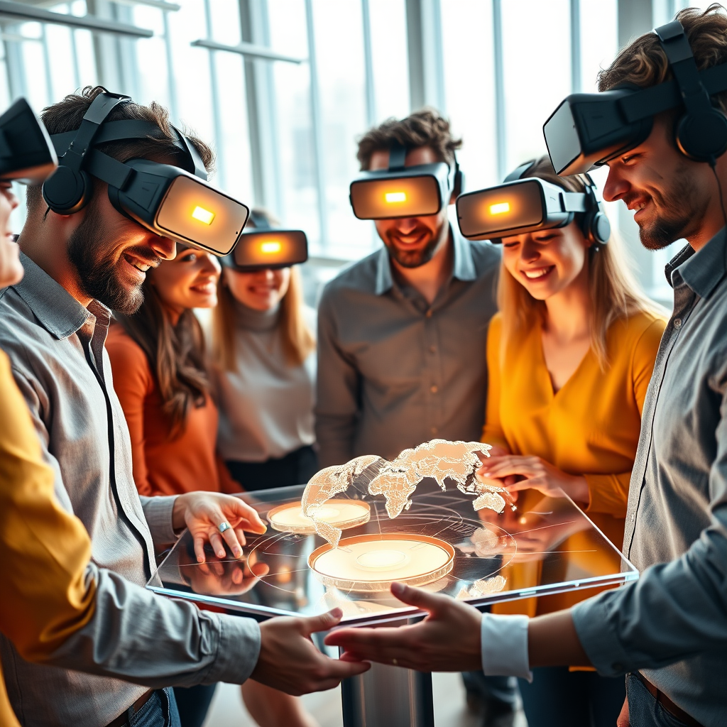 A photorealistic image depicting a group of diverse individuals wearing VR headsets, their faces illuminated by the glow of virtual worlds. They are gathered around a holographic table displaying a complex 3D model of a website, collaborating and interacting with the design. The environment is a modern, open-plan office with natural light streaming through large windows. The overall color palette is bright and optimistic, with pops of vibrant color. The camera angle is a medium shot, capturing the expressions of the individuals and the details of the holographic display. Textures are high quality, with realistic rendering of skin, clothing, and technology. Style reference: A blend of modern tech and human connection, inspired by the movie 'Her'. 4K resolution, high quality, focus on realism and collaboration.