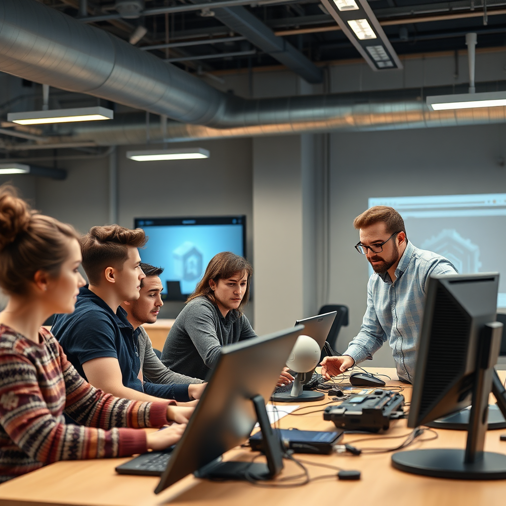 A photorealistic image of a group of students learning 3D modeling and design in a modern training facility. They are using cutting-edge software and hardware. The instructor is providing guidance and support. Lighting is bright and motivating. The scene conveys a sense of learning and growth.